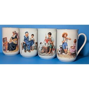Vintage 1986 Norman Rockwell Mugs Set of 4 Museum Collections Inc. 24k Gold Trim